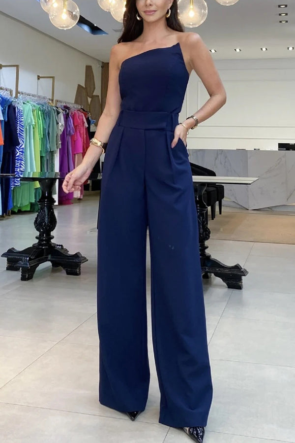Elegant Bandeau Back Zip Cropped Top and High Waist Pocket Wide Leg Pants Set