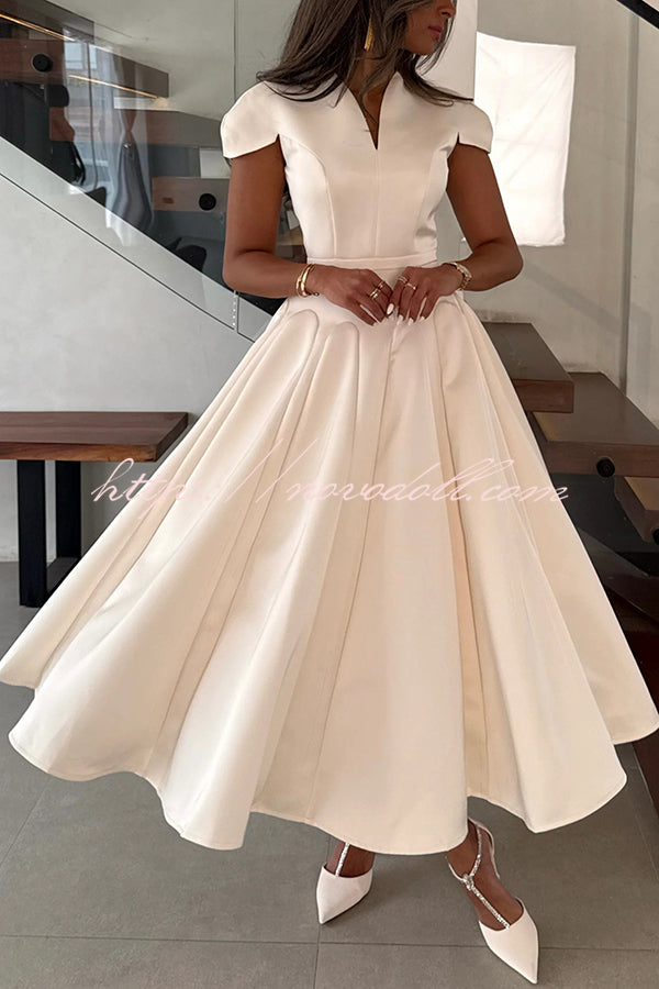 Solid Color V-neck Waist Elegant Full Hem Maxi Dress