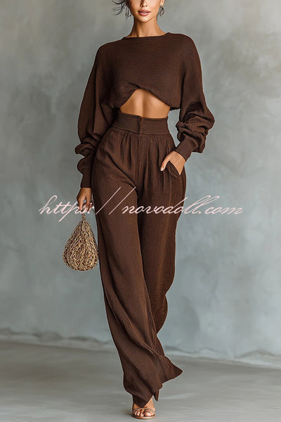 Solid Color Textured Fabric Round Neck Long-sleeved Top + High Waist Casual Pocket Wide-leg Pants Set