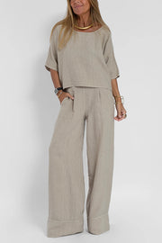 Linen Blend Solid Color Casual Round Neck Top and Loose Wide-leg Pants Set
