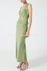 Wonderful Fusion Satin Lace Trim See-through Waist V-neck Drape Maxi Dress