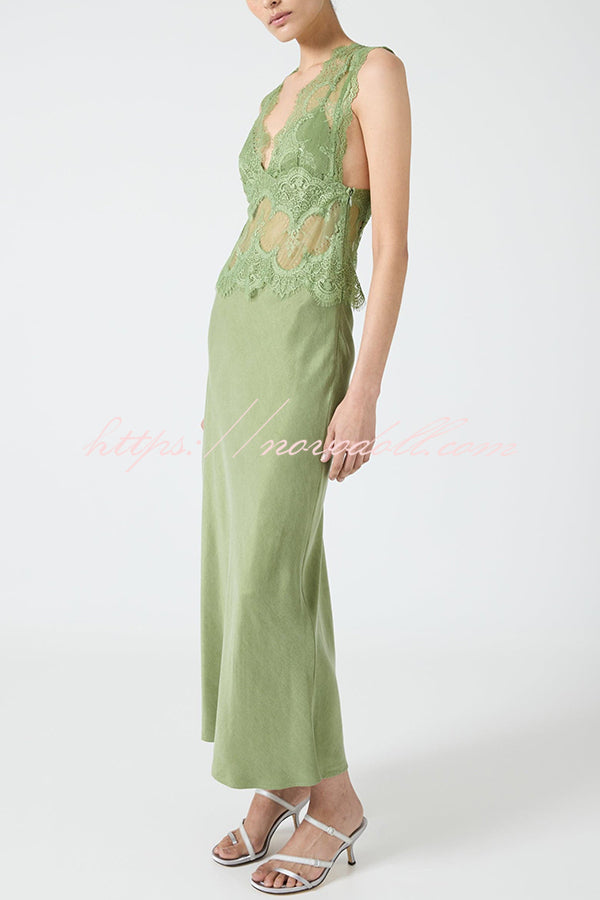Wonderful Fusion Satin Lace Trim See-through Waist V-neck Drape Maxi Dress