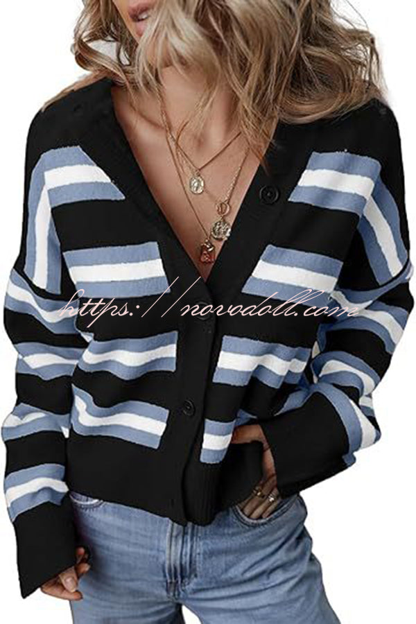 Colorblock Striped Knitted Long-sleeve Cardigan