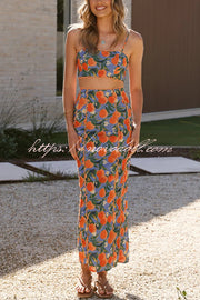 Linen Blend Summer Fruit Print Camisole Top and Elegant Lace Back Slit Maxi Skirt Set