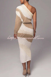 Soft Autumn Knit Colorblock High Rise Elastic Waistband Stretch Midi Skirt