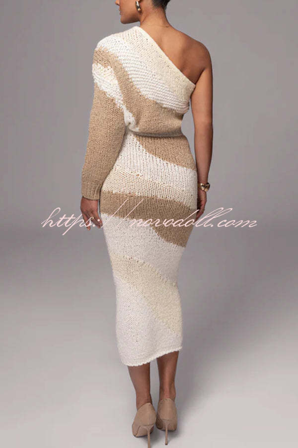 Soft Autumn Knit Colorblock High Rise Elastic Waistband Stretch Midi Skirt