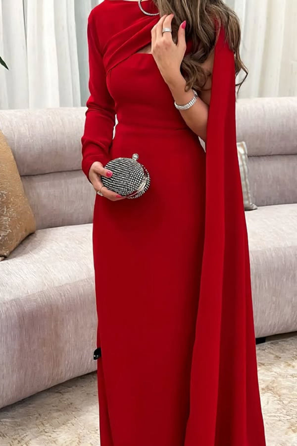 Solid Color Elegant Single Long Sleeve Ribbon Slim Maxi Dress
