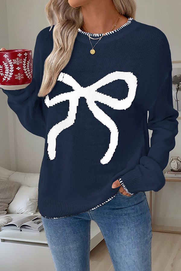 Christmas Contrasting Color Big Bow Round Neck Long Sleeve Loose Knitted Sweater
