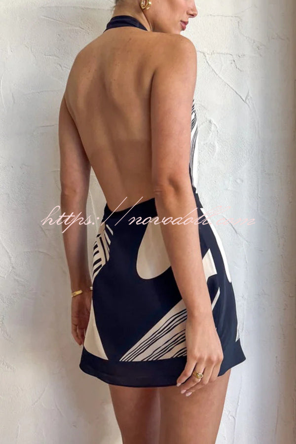 Unique Printed Open Back Waist Tie Holiday Mini Dress