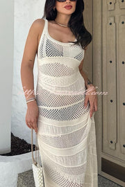 Solid Color Knit Hollow Crew Neck Sleeveless Beach Cover Up Maxi Dress
