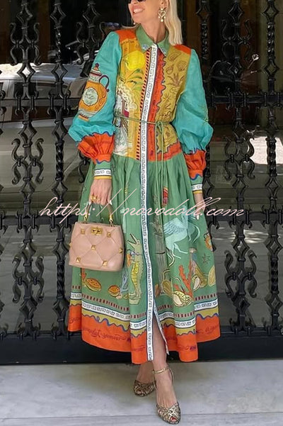 Puts A Smile Unique Print Lapel Lantern Sleeve Waist Tie Midi Dress