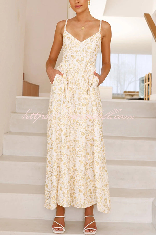 Floral Print V-Neck Sleeveless Back Tie Pocket Maxi Dress