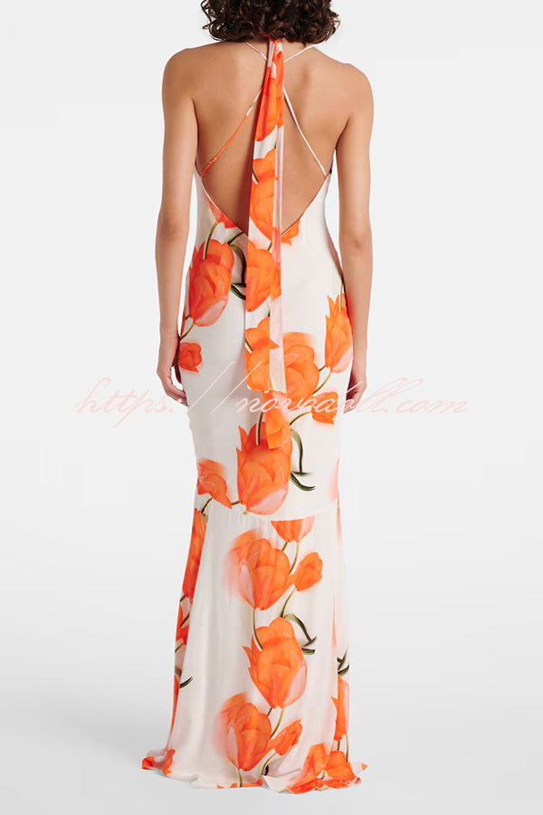 Charming Tulip Print Backless Crisscross Straps Flare Scarf Maxi Dress