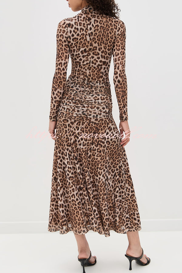 Revina Mesh Leopard Print Mock Neck Gathered Waist Long Sleeve Stretch Midi Dress