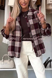 Fashion Plaid Print Lapel Long Sleeve Loose Zipper Jacket