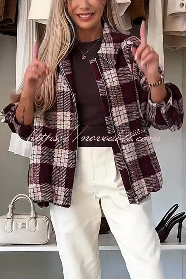 Fashion Plaid Print Lapel Long Sleeve Loose Zipper Jacket
