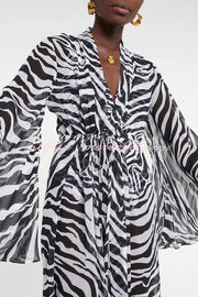 Marsie Zebra-print Elastic Drawstring Waist Long Bell Sleeve Cover-up Kimono