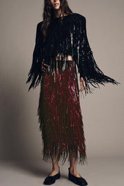 Party Crasher Layered Sequined Tassels High Rise Back Zipper Midi Skirt
