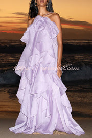 Free - Flowing Rose Detail Tiered Ruffles Halter A-line Maxi Dress