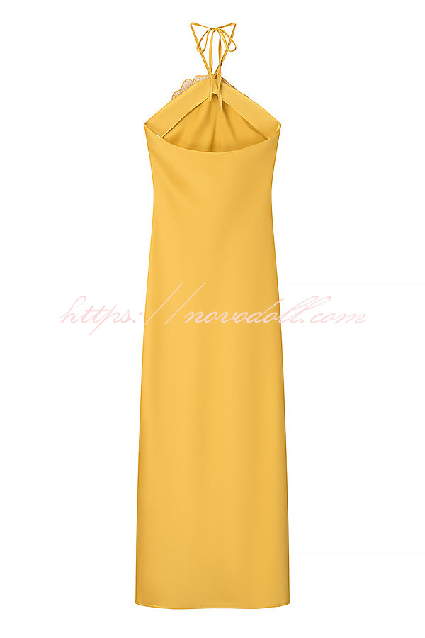 Fashionable Beaded Large Flower Decoration Halter Neck Backless Maxi Dress
