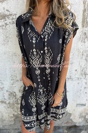 Linen Blend Unique Print Lapel Casual Pocket Mini Dress