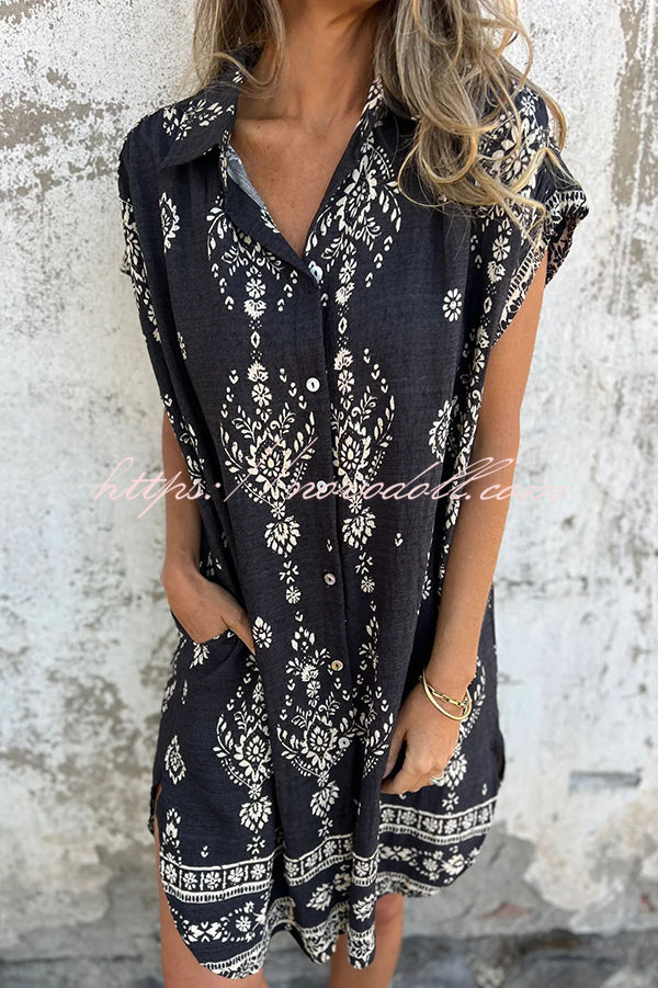 Linen Blend Unique Print Lapel Casual Pocket Mini Dress