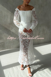 Timeless Moment Floral Lace Square Neck Button Up Balloon Sleeve Top