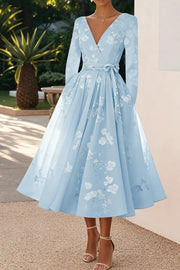 Floral Print V-neck Long Sleeve Tie Waist Elegant Midi Dress