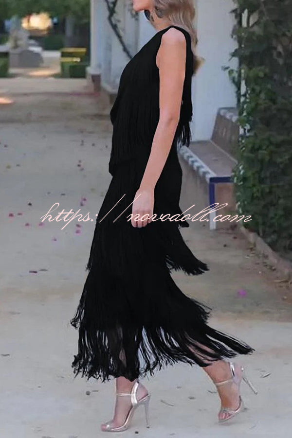 Stylish Fringed One Shoulder Asymmetric Midi Dress