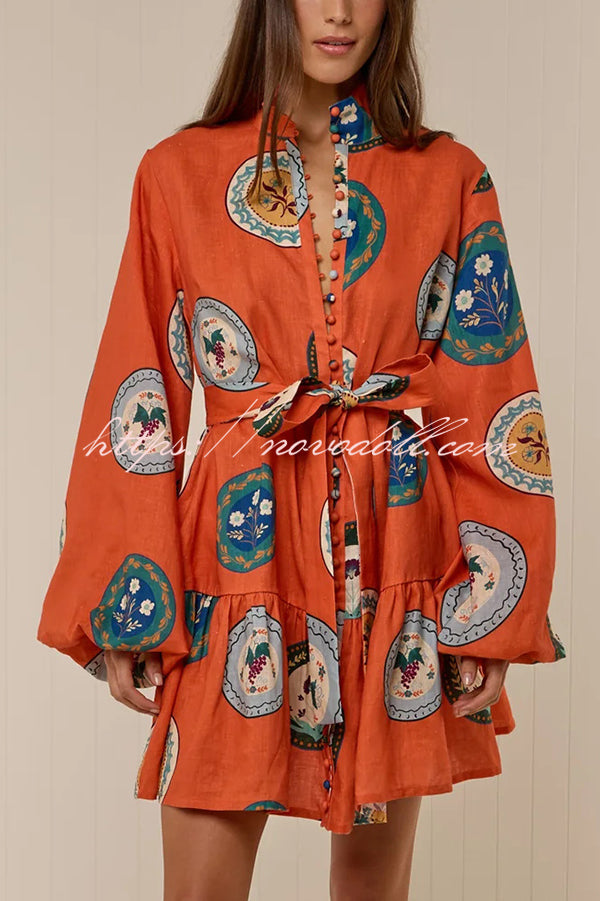 Linen Blend Unique Print Tie Waist Loose Mini Dress