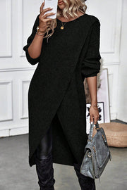 Solid Color Round Neck Long Sleeve Loose Slit Knitted Sweater