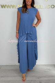 Laney Pleated Short Sleeve Irregular Midi Top and Elastic Waist Wide Leg Pants Set