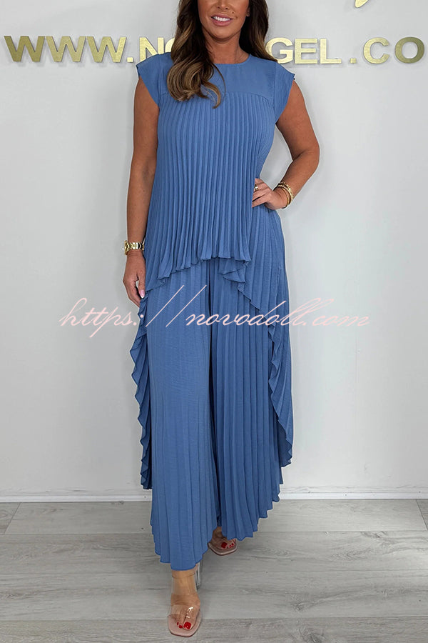 Laney Pleated Short Sleeve Irregular Midi Top and Elastic Waist Wide Leg Pants Set