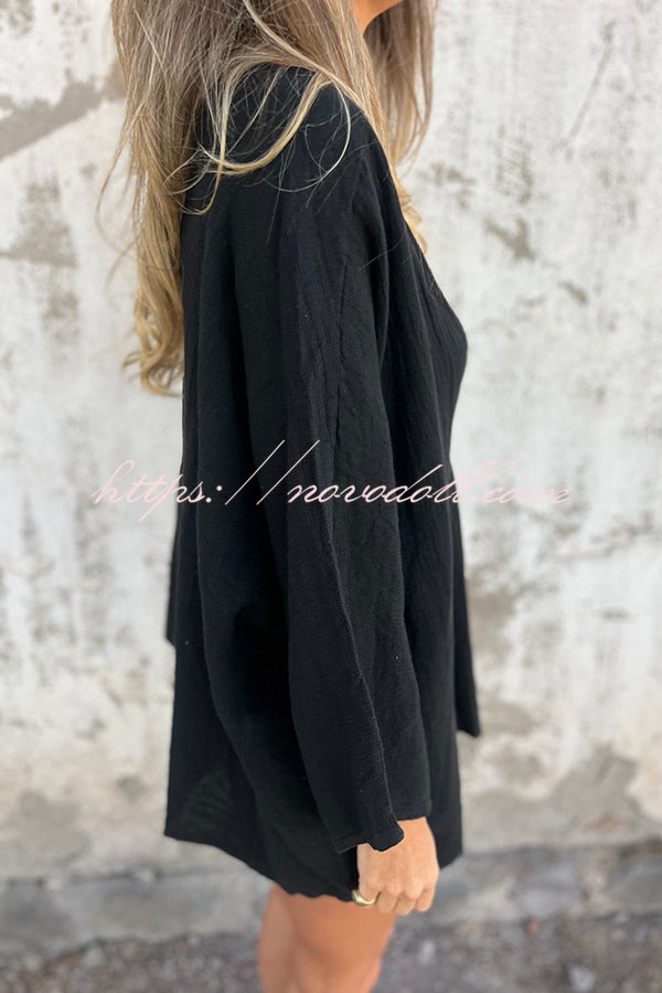 Solid Color V-neck Loose Long-sleeved Button Top