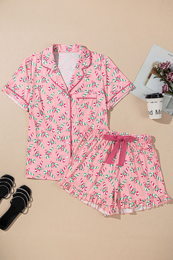 Christmas Candy Cane Print Pocket Top and Elastic Waist Ruffle Lounge Shorts Set