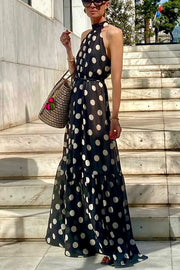 Charming Idea Polka Dots Belted Halter A-line Maxi Dress