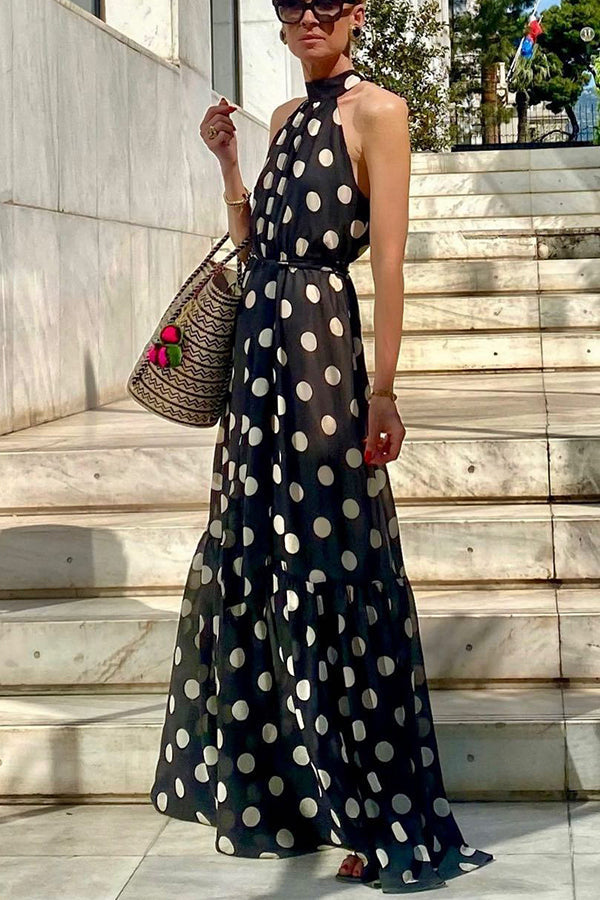 Charming Idea Polka Dots Belted Halter A-line Maxi Dress