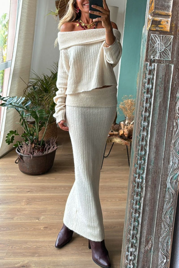 Luka Ribbed Knit Off Shoulder Long Sleeve Sweater and Stretch Maxi Skirt Set