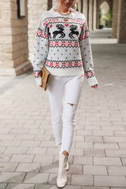 Christmas Elk Round Neck Long Sleeve Loose Knitted Sweater