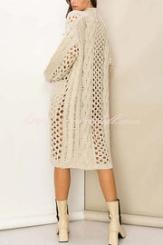 Jamila Knit Cable Cotout Long Sleeve Pocket Oversized Midi Cardigan