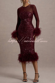 Glamor and Drama Mesh Sequin Patchwork Feather Trim Stretch Midi Dress