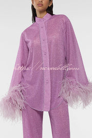 Glitter Fabric Feather Trim Long Sleeve Button Top and Elastic Waist Loose Straight Pants Set