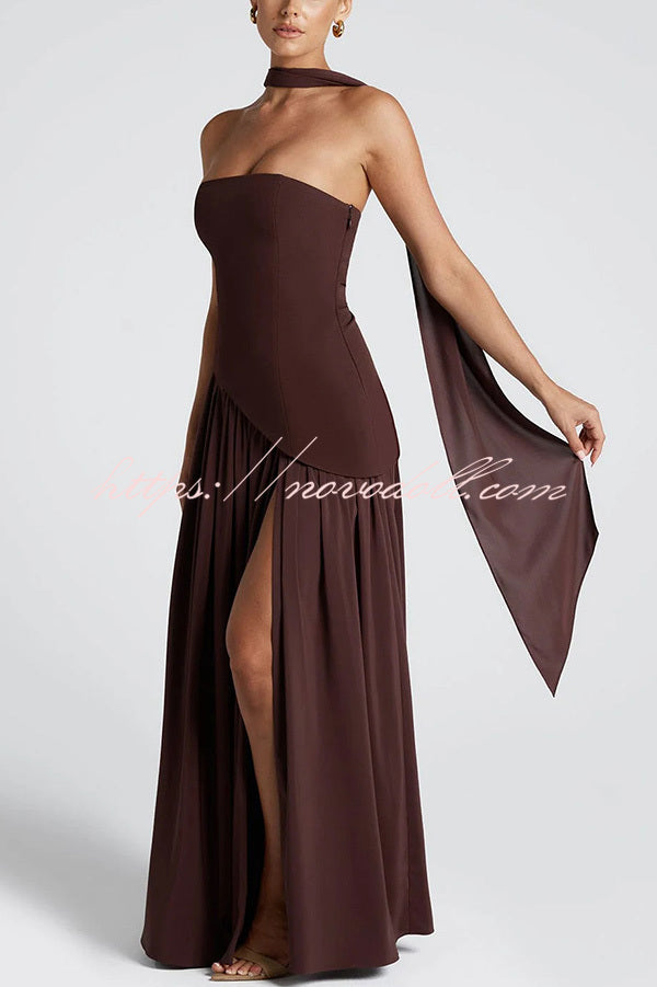 Elegant Off Shopulder Chiffon Pleated Hem Scarf Slit Maxi Dress
