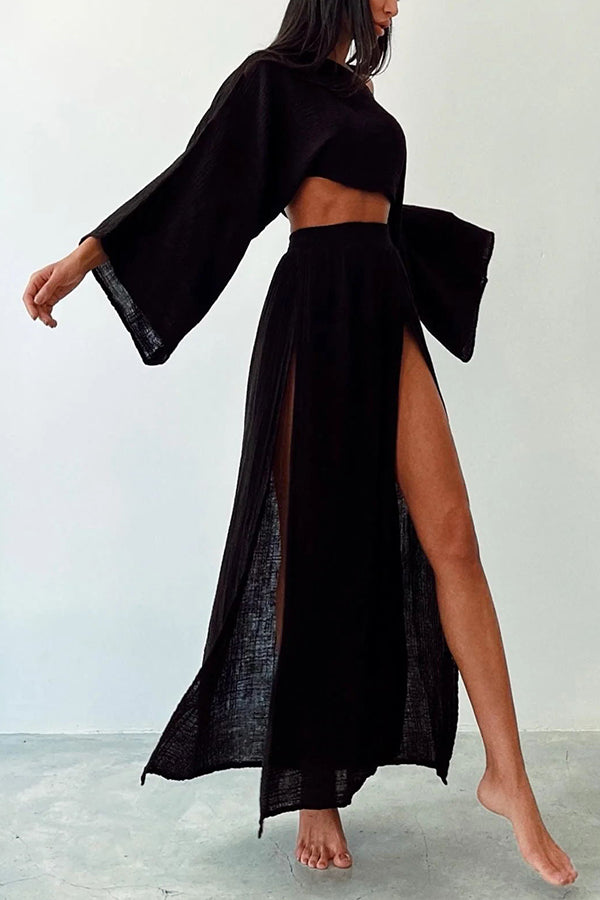 Boho Beach Linen Blend Wide Sleeve Blouse and Elastic Waist Double Slit Skirt Set