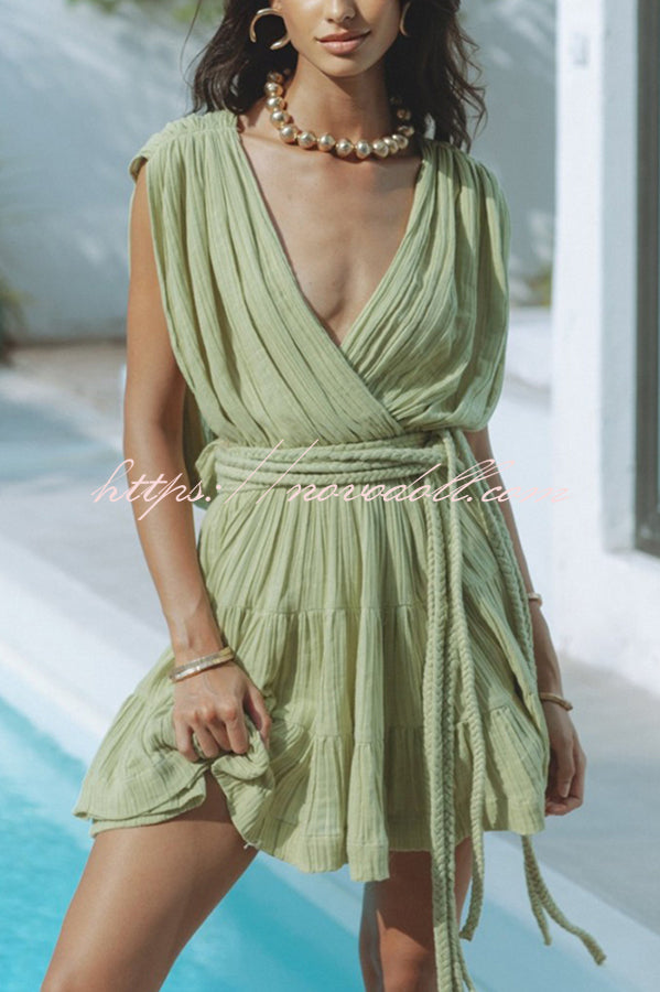 Glimpse of Happiness Linen Blend Draped Braids Belt Cover Up Mini Dress