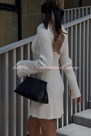 Beautiful Basic Ribbed Knit Long Slit Sleeve Flare Stretch Dress