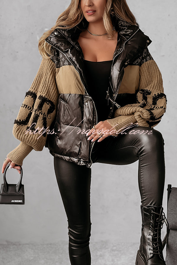 Stylish Denim Knit Long-sleeved Patchwork Hooded Pocket Thickened Jacket