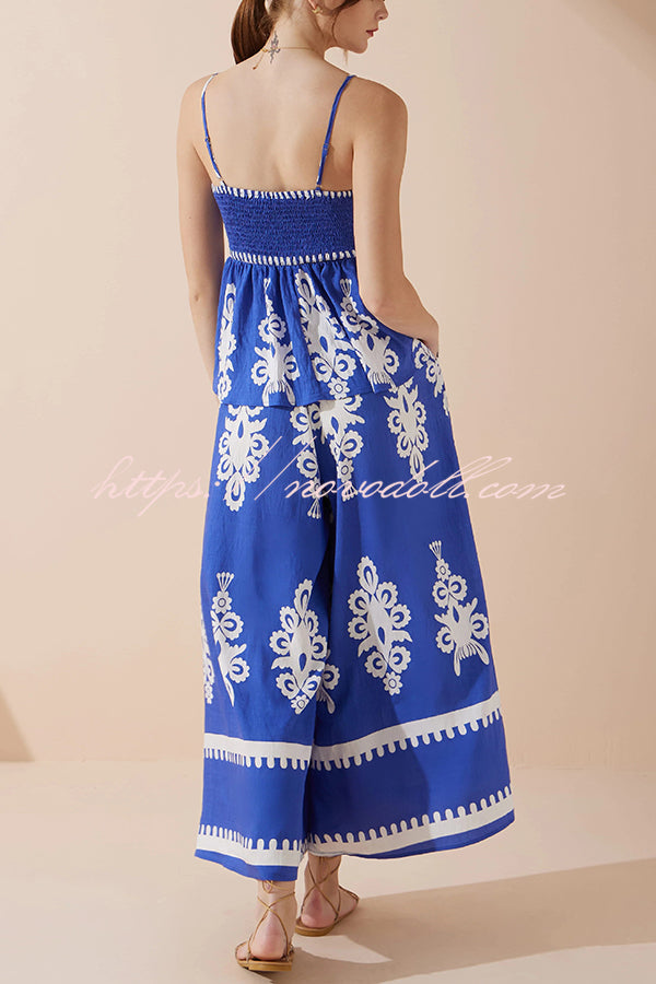 Unique Ethnic Print Suspender Pleated Top and Elastic Waist Loose Wide-leg Pants Set