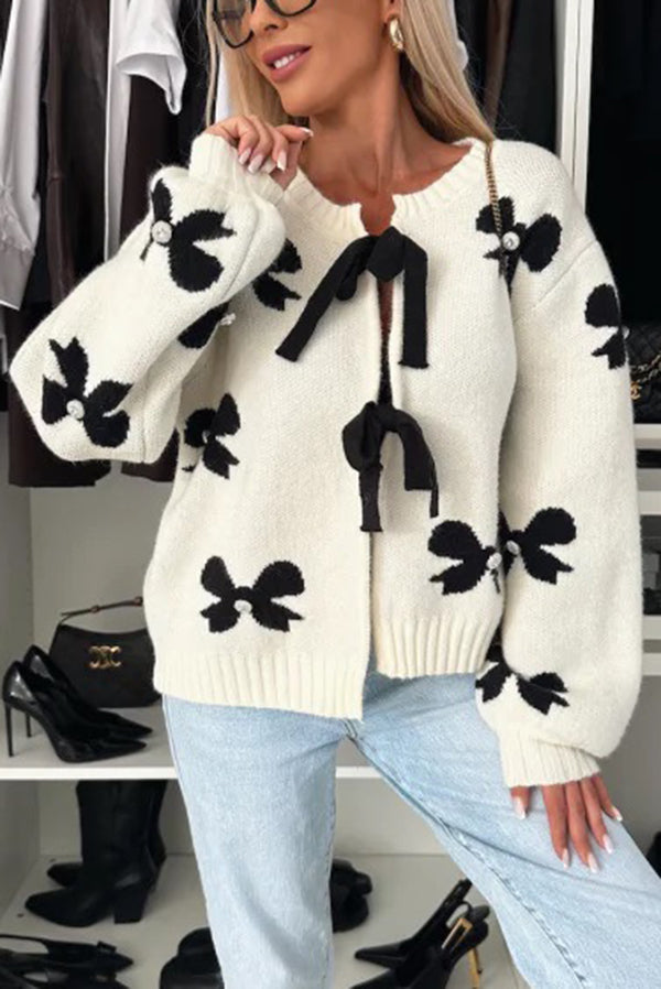 Bow Tie Round Neck Long Sleeve Knitted Cardigan